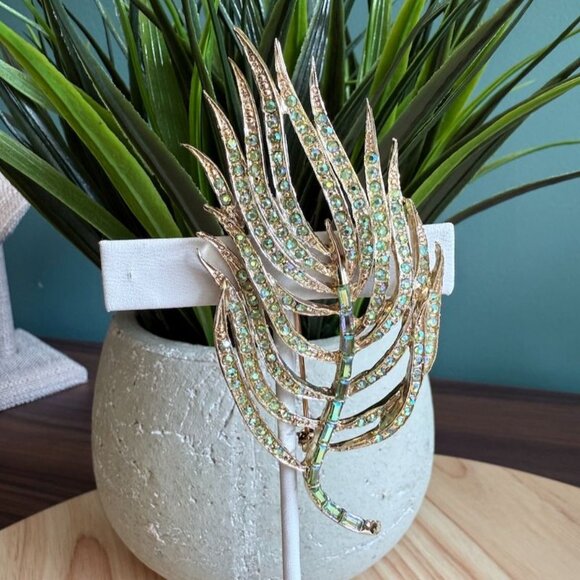 Vtg Doods Brooch & Earring Set Green Iridescent Rhinestones Gold Tone Statement - Picture 2 of 10